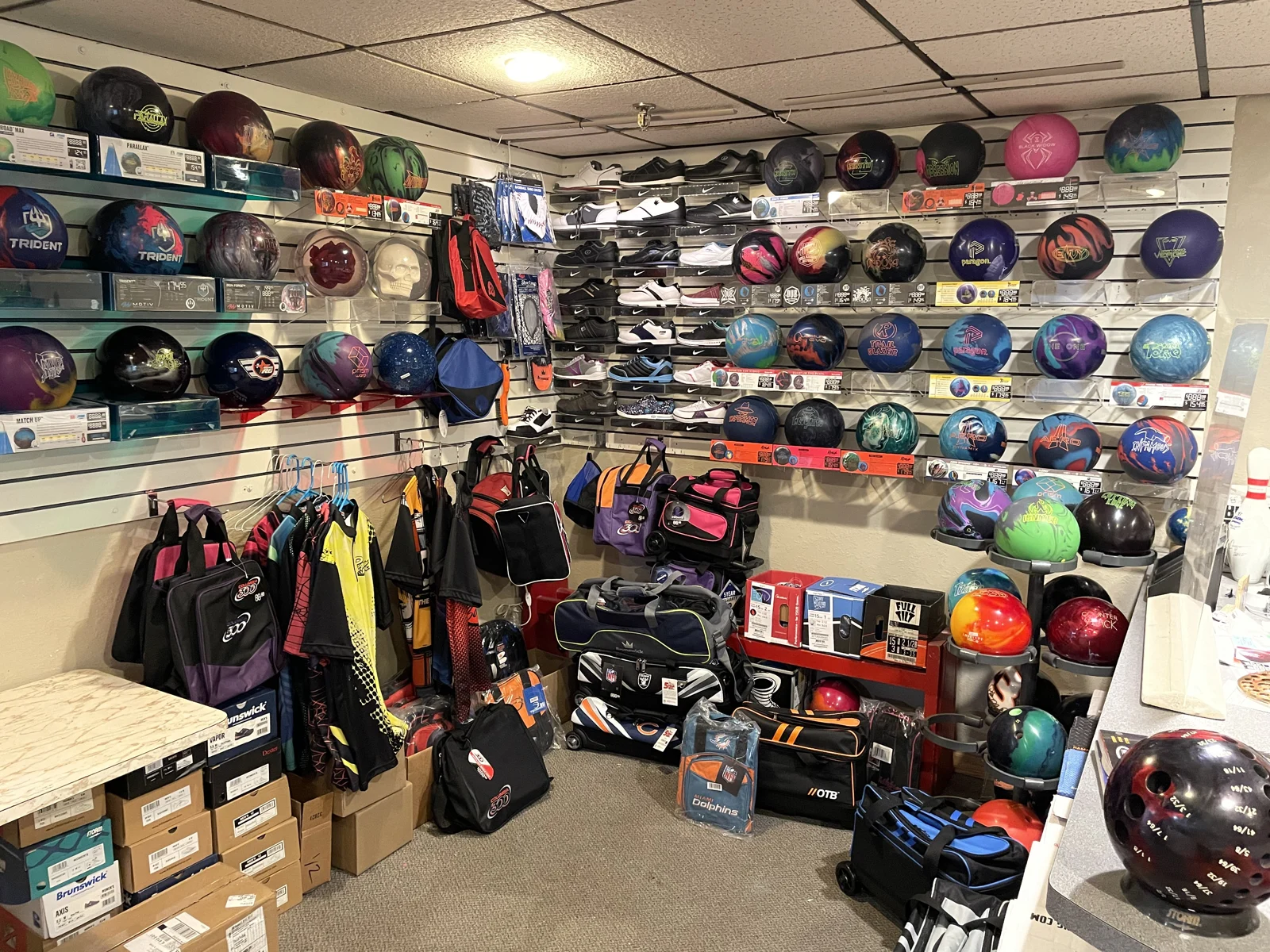 Bowling equipment displayed in The Lab Pro Shop